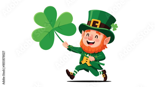 Happy Cartoon Leprechaun Holding a Large Four Leaf Clover.