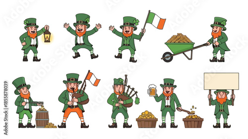 Collection of Leprechaun Characters in Various Poses and Activities.