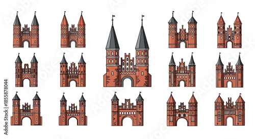 Collection of Various Castle Tower Illustrations.