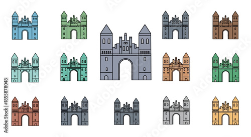 Collection of Various Colored Castle Icons.