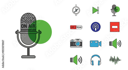 Microphone with various media icons nearby.