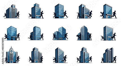 Multiple Silhouettes Pushing Blue Skyscrapers.