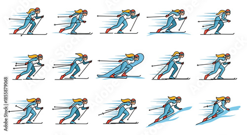 Skiing Woman Motion Sequence Illustration.