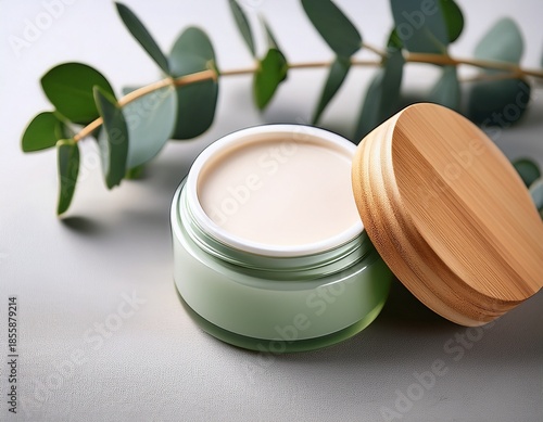 sustainable clean beauty concept natural cosmetic cream jar with bamboo lid and eucalyptus