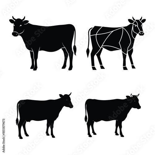 Silhouette of Cattle: Four stylized silhouettes of a cow, one showcasing the detailed cuts of beef, offering an informative and visually appealing representation.