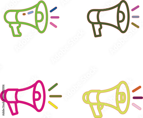 Colorful megaphones with sound waves green brown pink