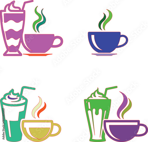 Colorful illustrated coffee cups and drinks with steam