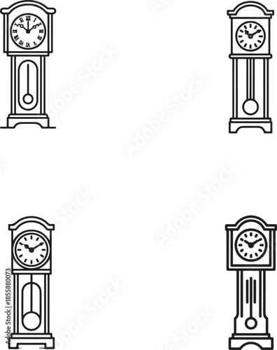 Four black and white grandfather clocks with pendulums and Roman numerals