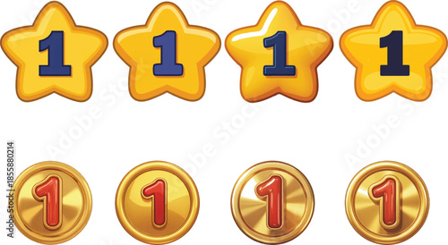 Four Yellow Star Ratings and Four Golden Coins with Red Number Ones
