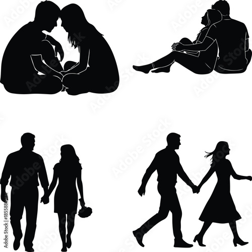 Silhouette illustrations of couples in various intimate and casual poses
