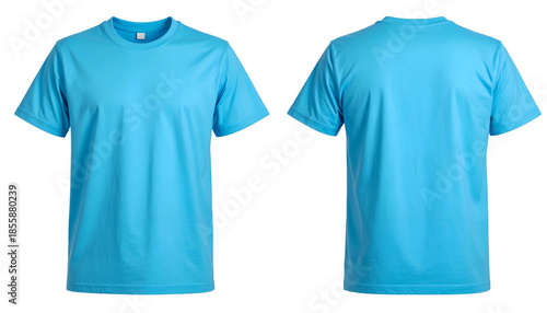 Front and back views of a plain, light blue crew neck t-shirt