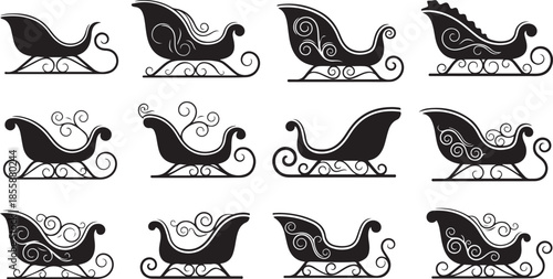 Nine black and white sleigh with swirls and patterns