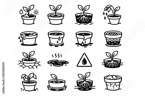 Stress risk health icon sign plant cue icons soil overwatering water vector