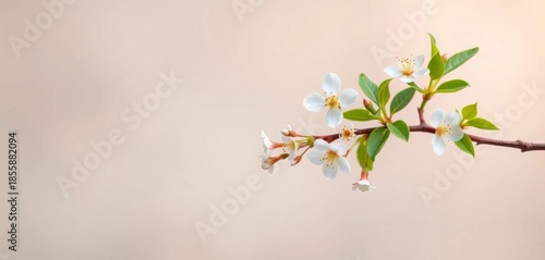 Delicate branch with white blossoms, green leaves, and small buds against a soft, muted background, symbolizing new growth and natural beauty,  bloom,  design element