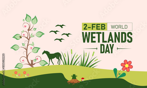 World Wetlands Day Poster Banner and Background Design Template Featuring Marsh Reeds Birds Water Lilies Ramsar Logo Illustration for February 2 Environmental Conservation Theme