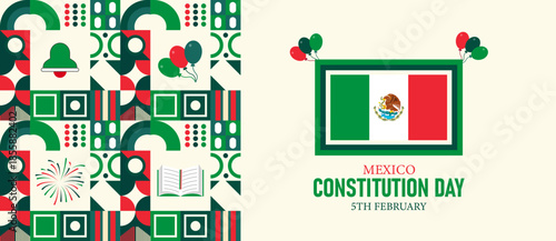 Mexico Constitution Day Poster Banner and Background Design Template Featuring 1917 Constitution Scroll Eagle Cactus Flag Tricolor Ribbon Illustration for February 5 Civic Celebration Theme