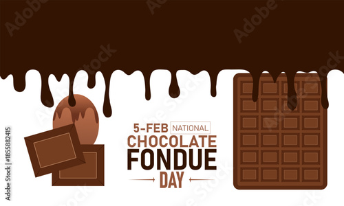 National Chocolate Fondue Day Poster Banner and Background Design Template Featuring Melting Chocolate Pot Strawberries Bananas Marshmallows Dipping Forks Illustration for February 5 Dessert Celebrati