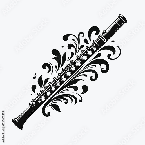 Black and white illustration of a clarinet with floral design on white background vector