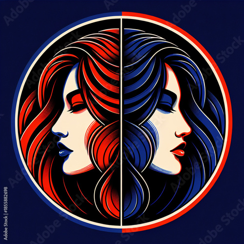 Dual Essence: Symmetry of Contrast and Harmony in Red and Blue Feminine Profiles Within a Circular Frame