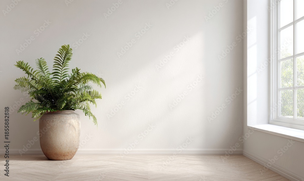 Fototapeta premium A large plant is sitting in a large vase in a room with white walls
