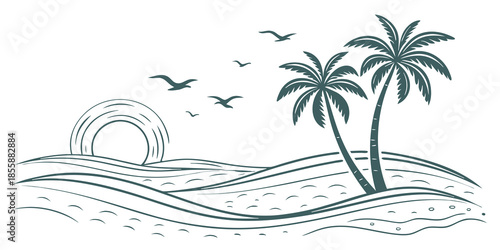 Simple line art beach landscape with palm trees, sea waves, and sun, clean minimalist vector design
