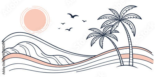Clean and modern line art of a serene tropical island, perfect for travel branding or posters