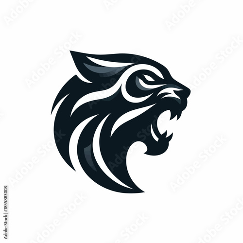 Black and white illustration of a roaring animal head with sharp teeth on white background vector