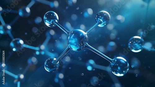 Close-up 3D Rendering of a Blue Molecular Structure with Water Droplets and Glowing Spheres on a Dark Background