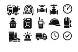 Firefighting equipment icons set with helmet, hose, radio, protective gear, and tools