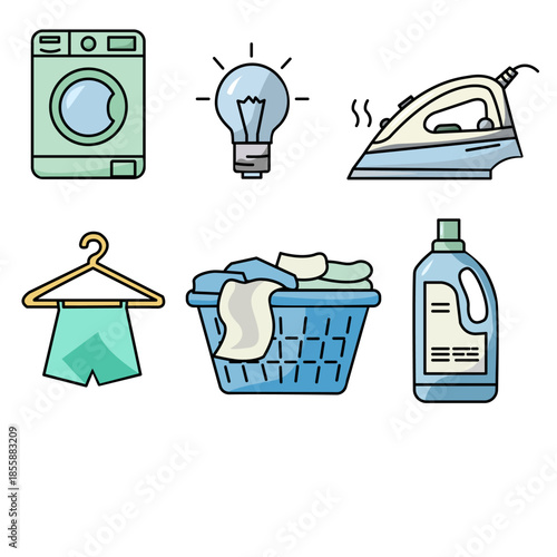 A high-quality vector collection of laundry and household icons featuring a washing machine, steam iron, lightbulb, laundry basket, detergent bottle, and clothes on a hanger in a clean flat style.