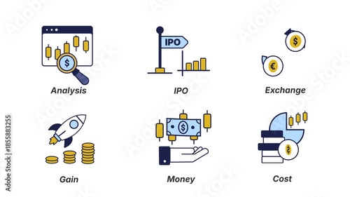 Business and Financial Icon Set for Stock Market Analysis, IPO Investment, and Currency Exchange
