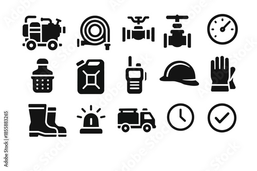 Firefighting equipment icons set with helmet, hose, radio, protective gear, and tools