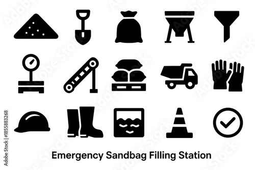 Emergency sandbag filling station equipment icons: shovel, sand, truck, bag, scale, boots