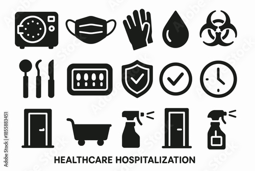 Healthcare icons: mask, gloves, sterilization, biohazard, protection