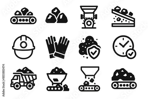 Mining icons set: equipment, safety gear, and process illustrations