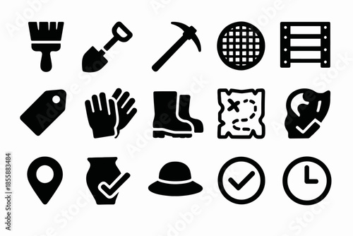 Archaeology icon set: tools and symbols of exploration and excavation