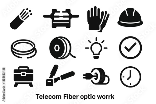 Telecom fiber optic work tools: cables, equipment, safety gear icons