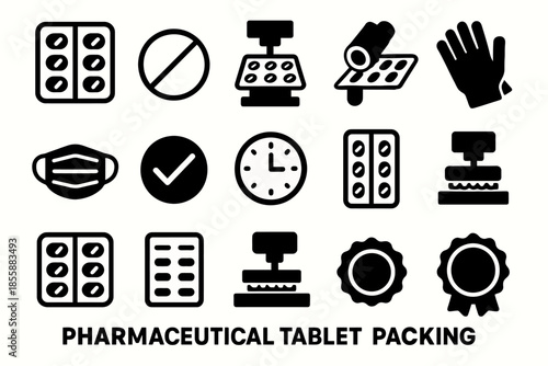 Pharmaceutical tablet packing icons: pills, packaging, masks, gloves, symbols