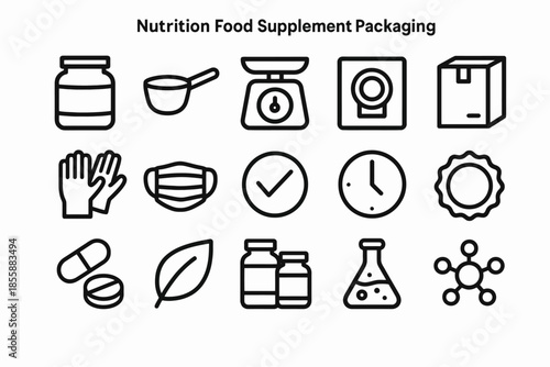 Nutrition food supplement packaging icons: jars, scales, masks, pills, leaves