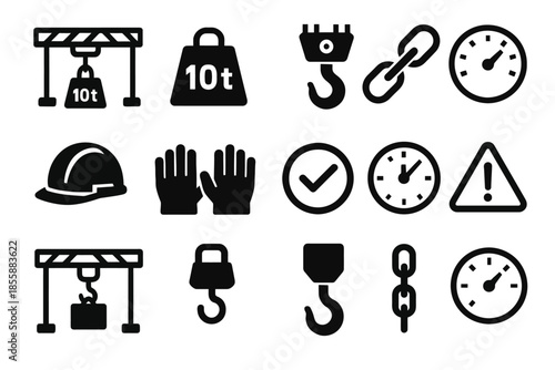 Industrial safety and load management icons featuring weight, hooks, and protective gear
