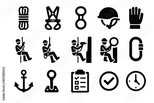 Climbing equipment icons: ropes, harnesses, helmets, and tools