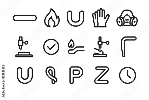 Simple outline icons: safety equipment, tools, and symbols collection