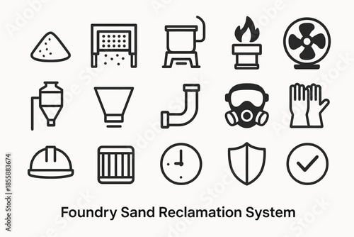 Industrial foundry sand reclamation system with safety equipment icons