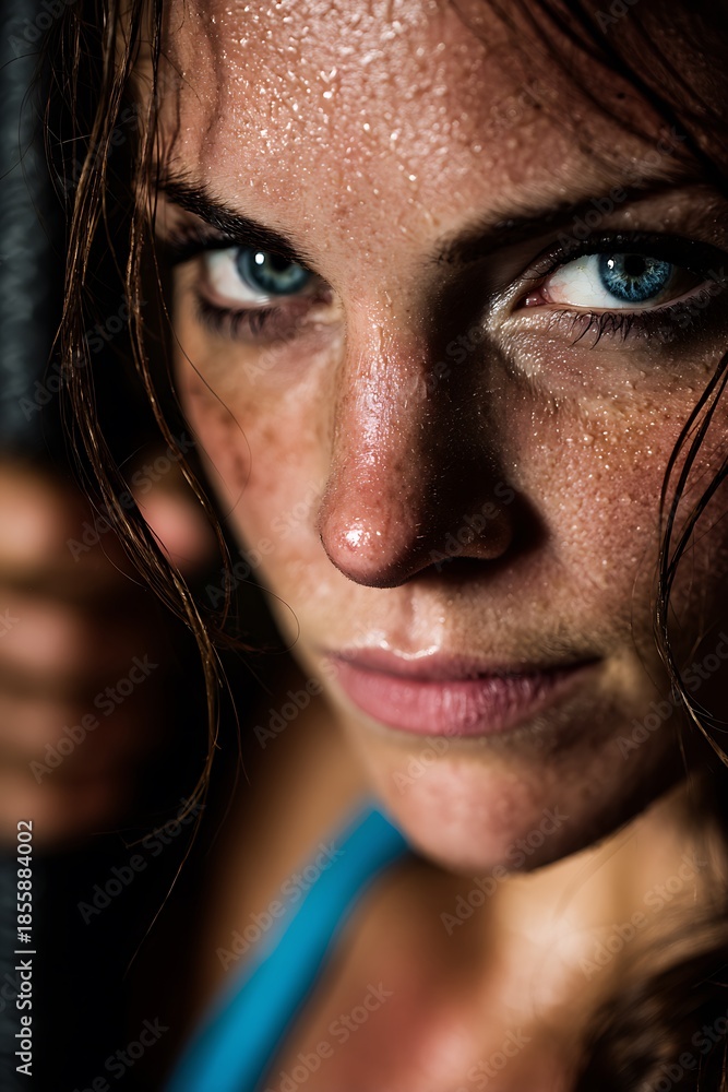 Fototapeta premium Close-up of Sweaty Woman with Intense Blue Eyes after Workout