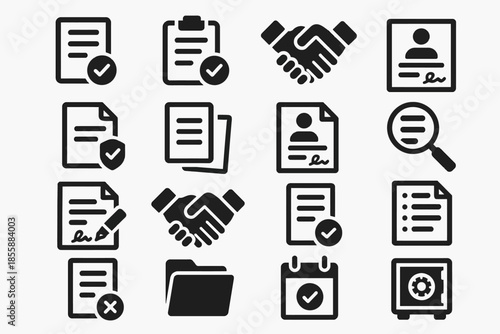 Set of business and office icons including documents, handshakes, and magnifying glass