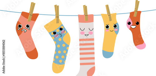 socks with emojis hanging on a clothesline in doodle style in vector. element for decor design print sticker poster banner advertisement