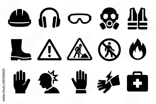 Safety equipment icons: helmet, headphones, goggles, gas mask, vest, boots