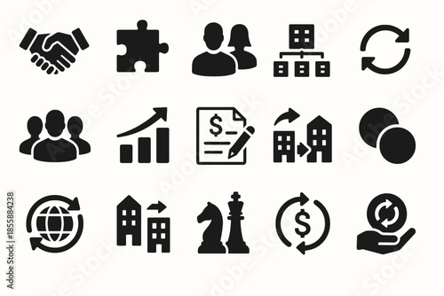 Business icons set: teamwork, growth, currency, strategy, cycle