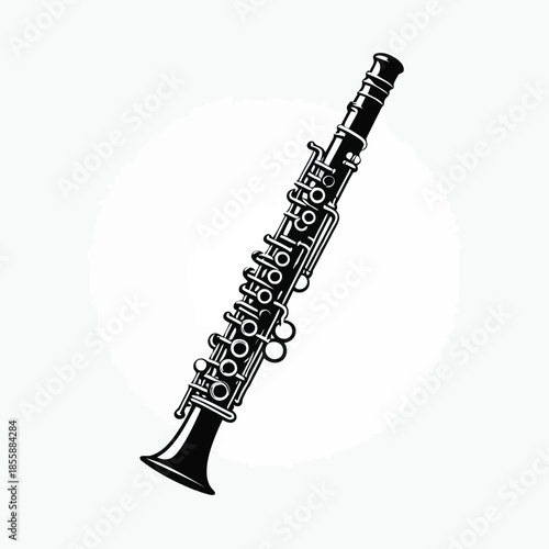 Black and white illustration of a clarinet on a white background vector