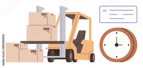 Forklift moving stacked boxes beside a clock and a document. Ideal for logistics, supply chain, warehouse workflow, freight, efficiency, scheduling, shipping operations. Simple flat metaphor